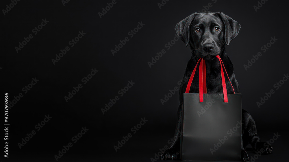 Wall mural Black Friday sale banner. Black Labrador sitting on black background holding in mouth black shopping bags with red handles. Copy space. Special offer, discount. Super seasonal sale