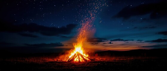 A captivating bonfire under a starry sky, radiating warmth and light in the serene night landscape.