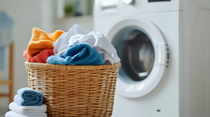 A laundry basket full of mixed clothes beside an open washing machine door in a contemporary laundry room with a sleek design and a stack of fresh towels nearby