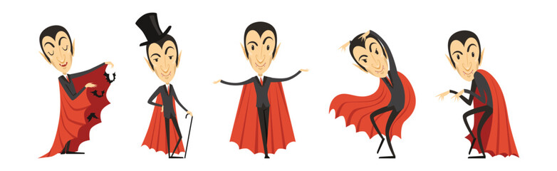 Count Dracula Character with Fangs Wearing Red Cape Vector Set