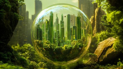 A photograph of a miniaturized utopian city encased in a transparent glass or plastic sphere,surrounded by a lush,verdant natural environment of trees,foliage,and greenery.