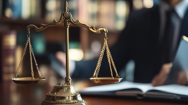 A close-up of a golden scale symbolizing justice, with a blurred figure of a lawyer in the background, representing law and order.