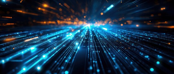 Fototapeta premium A dynamic visual of light streaks in blue and orange, representing digital energy and motion in a futuristic landscape.