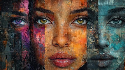 Abstract digital collage featuring diverse faces, interwoven with organic textures, layered patterns, and whimsical elements
