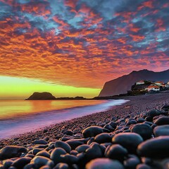 Obraz premium Colorful sunset illuminating ocean coastline with black volcanic pebbles