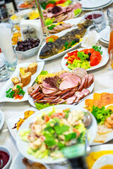 A Colorful Spread of Delicious Dishes at a Festive Gathering in a Restaurant.