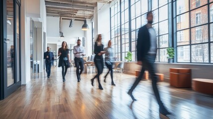Fototapeta premium Group of Business people walking in the office corridor,People in business center walking at hall,office employees in motion go around at coworking space,Wide image,Concept of office life.