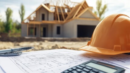 Construction Planning: Blueprint, Hard Hat, and Calculator