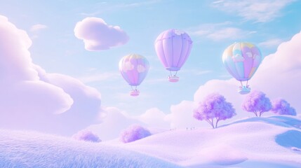 Obraz premium An animation picture showing purple mountains, trees, and clouds in 3D.