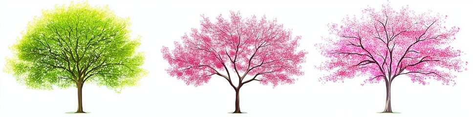 Obraz premium Pink blossom sakura, trunks, green crown. Isolated summer season park cartoon floral icon set. Spring trees garden environment logo landscape.