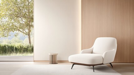Modern Minimalist Living Room with Elegant White Armchair and Nature View