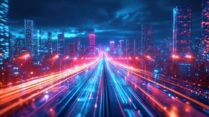Futuristic Neon-lit Urban Road Network with Advanced Architecture and Copy Space