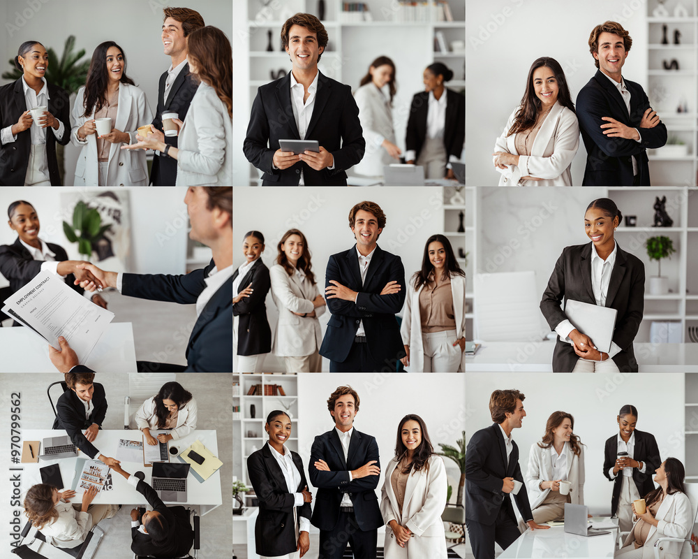 Poster a dynamic group of professionals is engaged in various business activities within a contemporary off
