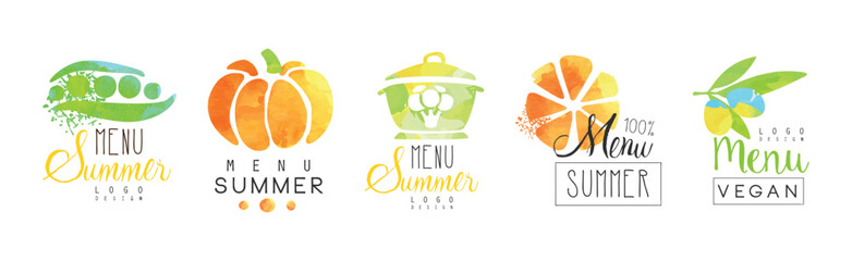 Vegan Summer Menu Bright Logo Design Vector Set