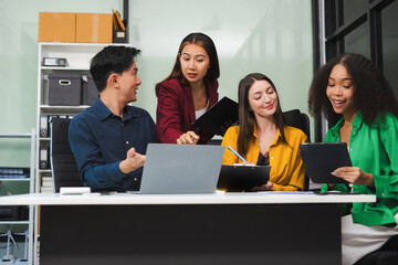 Diversity, business team head leaders discuss results, review financial papers, share ideas, brainstorm, work together as a team at a group briefing table.