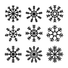 Black snowflake icon set. Snowflakes collection. Different shape. Cute funny snow flake winter sign symbol template. Childish style. Flat design. Isolated. White background. Vector illustration