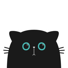Cat face. Kitten with blue eyes. Black silhouette icon. Cute cartoon pet baby character. Funny kawaii animal. Sticker print. Greeting card. Childish style. Flat design. White background. Vector