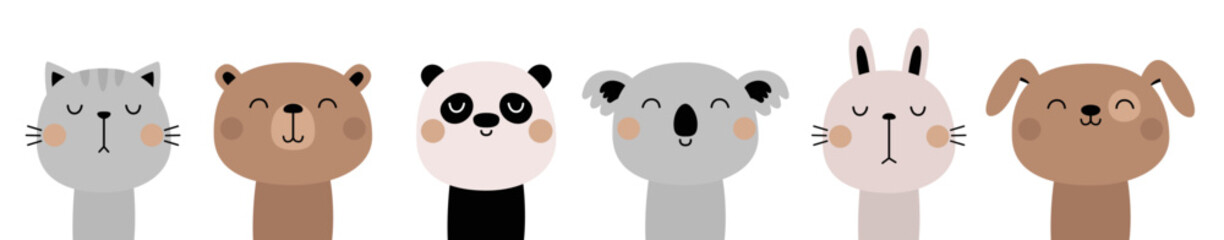 Cat, dog, bunny rabbit, panda, koala, grizzly bear set. Funny face head. Cute kawaii cartoon character. Valentines Day. Childish style. Sticker print. Greeting card White background Flat design Vector