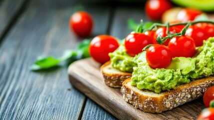Delicious avocado toast topped with fresh cherry tomatoes, garnished with herbs on a rustic wooden board.