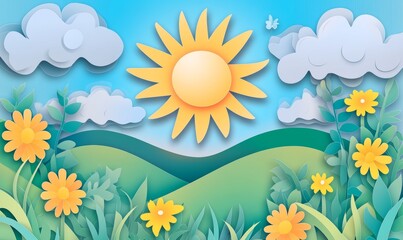 Spring blooming flowers illustration with beautiful nature scenery paper cut art