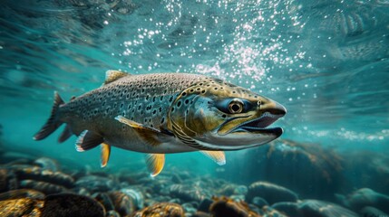 Fototapeta premium A vivid photograph of a large salmon fish leaping from the water,
