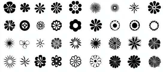 Set of cartoon simple graphic shapes isolated on white background. Flower icons. Flower silhouettes. Symbol of floral design. Pattern of daisy, rose, and chamomile. Modern illustration.