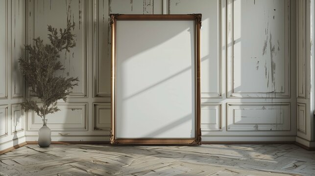 Old drawing mockup with frame and dried flowers in mansion. Painting template near wall with moldings advertising image. Art work mock up in old fashioned hall product photorealistic