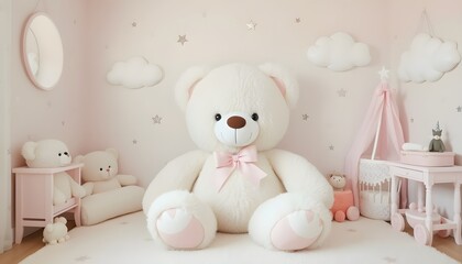 Large White Teddy Bear in a Pink and White Nursery