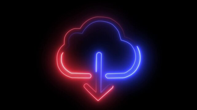 neon line glowing red blue color upload cloud icon animation on black background. 3d video.