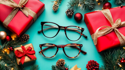 Trendy Glasses with Christmas balls, gifts and fir branches on mint background. New Christmas eyewear collection. Optic store sale banner. Winter special offer discount. Eyeglasses in plastic frame