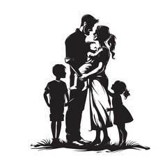 Vector illustration: black silhouettes of people man and woman with children. Happy family.