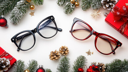 Trendy Glasses with Christmas balls, gifts and fir branches on white background. New Christmas eyewear collection. Optic store sale banner. Winter special offer discount. Eyeglasses in plastic frame