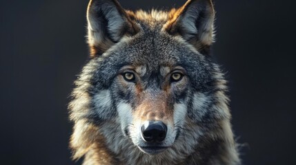 Fototapeta premium A close-up portrait of the wolf's face with intense eyes and ears perked forward,