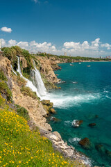 Lower Duden Waterfall in Duden Park, which flows from the cliffs in Antalya, Turkey into the...