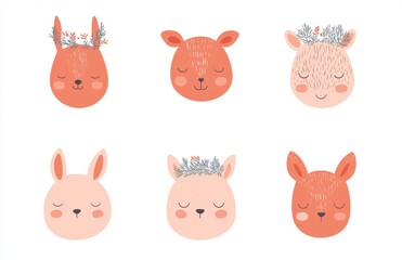 Obraz premium Cute animals with flower crown wreaths isolated on white background for nursery posters, birthday greeting cards, wedding designs. Modern cartoon illustration.