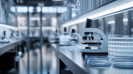 Advanced 3D Rendering of a Modern Microbiology Lab with Microscopes and Petri Dishes on Clear Background for Copy Space
