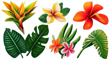 Fototapeta premium Cartoon isolated collection of tropical plants. Tropical palm tree leaf and jungle foliage, pink blossom of beach paradise and garden. Tropical leaf and flower.