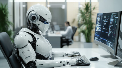 Artificial intelligence robots working at computer in a modern office, data center. People and artificial intelligence futuristic robot working together in office. AI assistant business helper concept