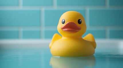 Cheerful Yellow Rubber Duck Floating in Turquoise Bathroom with Copy Space