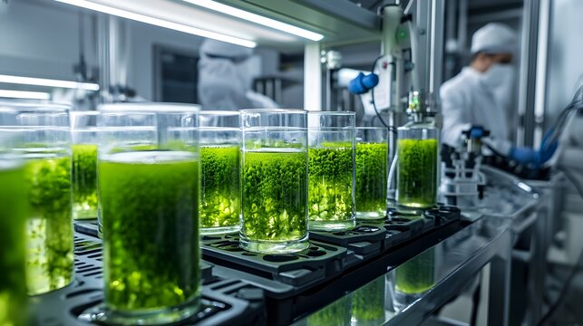 A photograph showcasing the process of eco-friendly microalgae cultivation in a bioreactor laboratory environment.