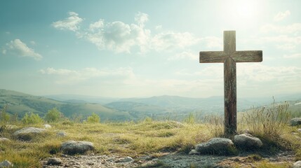 Serene Wooden Cross on Hilltop Under Bright Sky with Copy Space Horizon for Religious Concepts and Spirituality Themes