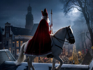 A cinematic shot of Sinterklaas riding a horse over the rooftops on December 5th during Pakjesavond .The ground is covered in snow, and the moon is shining through the trees, AI Generated