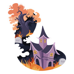 Cute haunted house in cemetery. horror scary mansion on the night background with an ancient tree. Halloween festive elements old wood, tombstones and bats. Vector flat illustration.