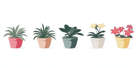 The set consists of drawings of pink, blue, white, yellow flowers in red and brown flower boxes on a white background. The concept is nature, gardening and flower boxes.