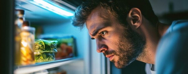 Close-up of a man thoughtfully browsing through the refrigerator exploring food options at home during nighttime