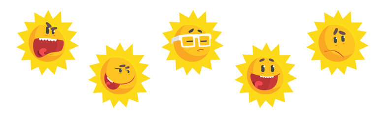 Funny Sun Character with Rays and Face Emotion Vector Set