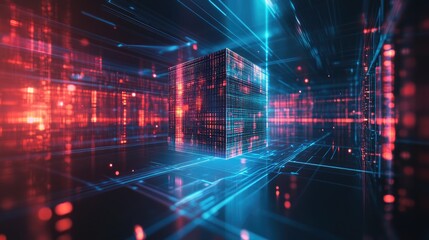 Obraz premium An abstract 3D rendering of a glowing cube within a digital space, composed of lines of red and blue light, representing data flow and technological advancement.