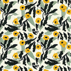 Modern printed fabric wildflower blockprint pattern with linen fabric textures. Stylized hand drawn boho dark florals for decorative design elements in repeatable background tile.