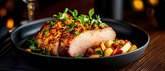 A beautifully plated roast pork dish topped with herbs, served with roasted apples and a side of greens, perfect for culinary art.