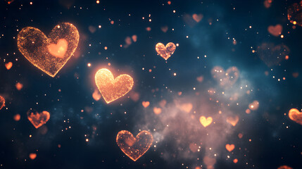 A dreamy night sky filled with glowing love hearts creating a magical and romantic atmosphere